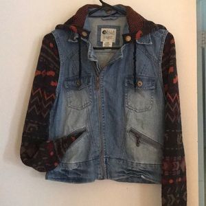 Hooded denim/knit jacket